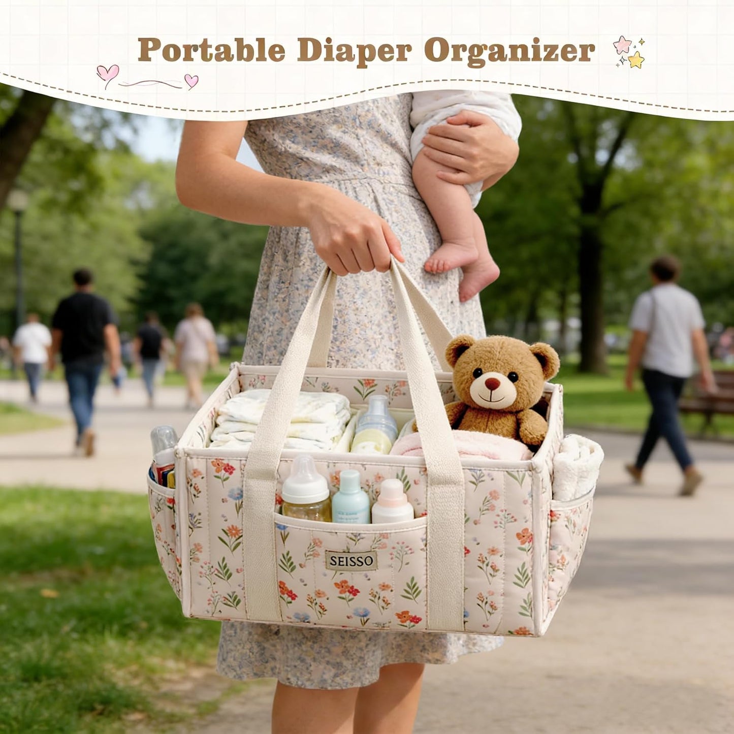 SEISSO Diaper Caddy Organizer with Handle, Portable Baby Gift Basket, Floral Diaper Organizer Nursery Storage Bag, Newborn Girl Boy Essentials, Gift for Baby Shower