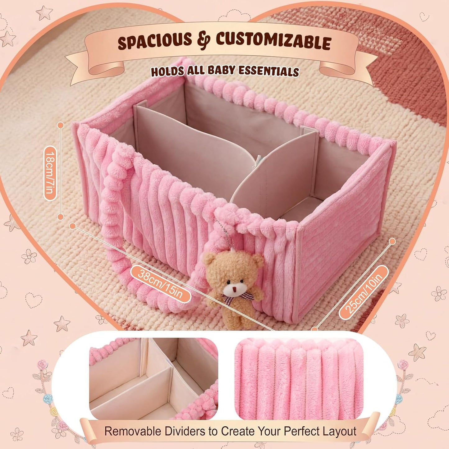 Flannel Baby Diaper Caddy Organizer with Teddy Bear, Baby Shower Gift Basket with Handle, Portable Nursery Storage Basket Bin for Diapers, Wipes, Newborn Essentials (White)