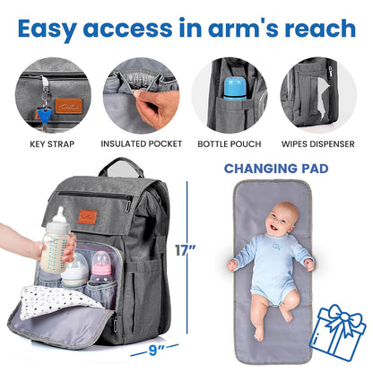 PILLANI Baby Diaper Bag Backpack - Large Waterproof Travel Diaper Bag for Boys & Girls, 16 Organizer Pockets with Changing Pad, Insulated Bottle Pockets & Stroller Straps, Baby Shower Gifts, Dinosaur