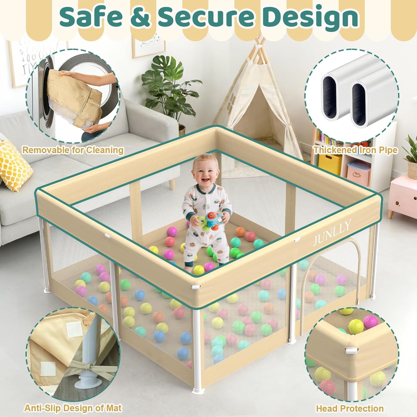 Foldable Playpen for Babies and Toddlers - 50x50 Inches Playpen with Mat - Kids Collapsible Playard with Storage Bag for Indoor & Outdoor - Baby Fence with 30 Ball & Gate - Khaki