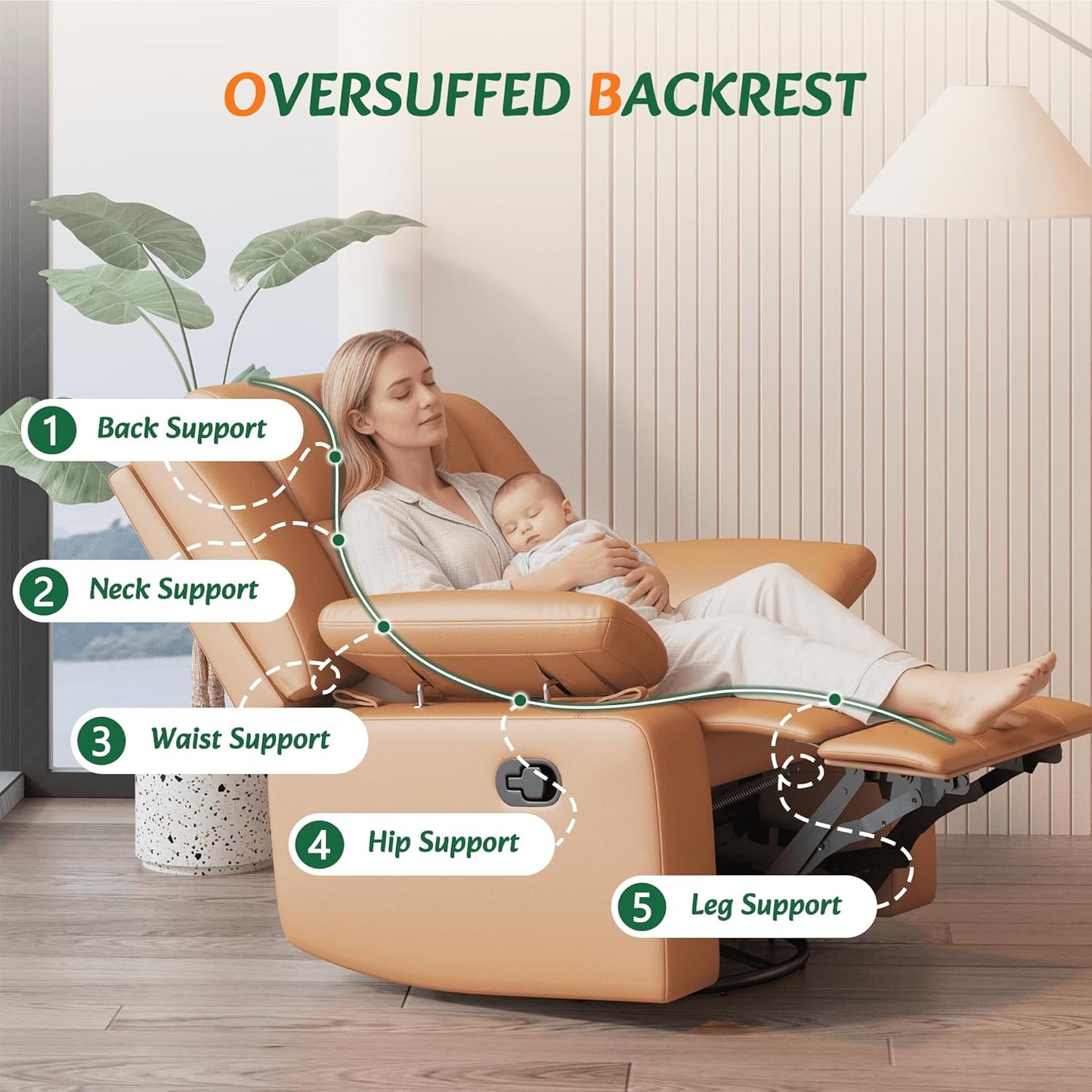 AILEEKISS Nursery Glider Recliner Chair with Adjustable Armrests, Swivel Rocking Recliner for Breastfeeding Moms, 360° Swivel, 30° Rocking, 90°-160° Recline, Easy-Clean Nursery Chair(White)