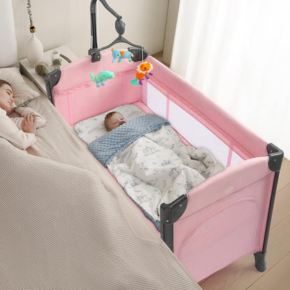 JOYMOR Baby Bedside Bassinet, Baby Bassinet, Pack n Play Convert Playpen, Quick Foldable Travel Bed with Wheels & Brake, Carry Bag for Boys Girls (Gray)