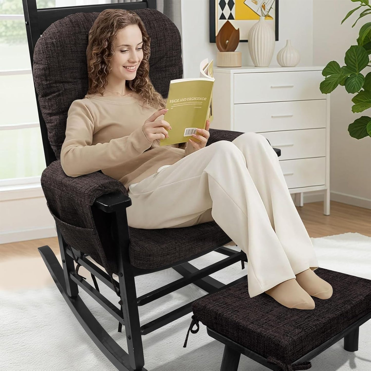 SINOSSO Glider Rocker Cushion Set (5 Pcs), Soft Blended Fabric High-Density Support Foam Seat Cushions with Ties, Fits Rocking Chair/Nursery Glider & Ottoman, Black-Gray