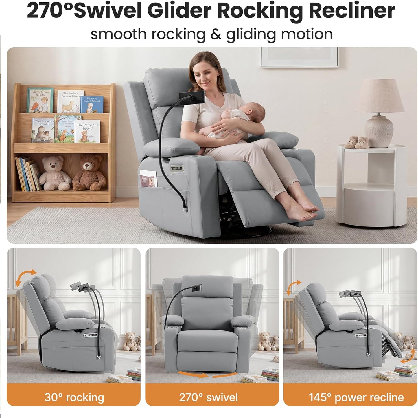 Power Rocking Chair Nursery with Adjustable Armrests and Headrest, Swivel Rocker Recliner with Electric Lumbar Support, Glider Recliners for Breastfeeding, Nursing Chair with USB, Cup Holder, Beige