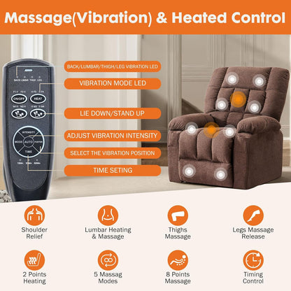 Power Lift Recliner Chair for Adult with Heated and Full Body Massage, Glider Nursery Chair with Cup Holder and USB Charge Port, Oversided Swivel Rocker Recliner for Living/Study/Bedroom Room, Brown