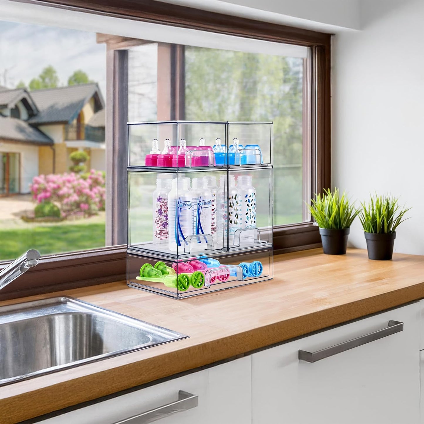 Sorbus Stackable Acrylic Storage Drawers – 2 Small + 2 Tall + 1 Wide – 5 Pack Clear Plastic Organizer Bins for Baby Bottles, Makeup, Bathroom & Vanity, Pull-Out Drawer Design for Kitchen Cabinets