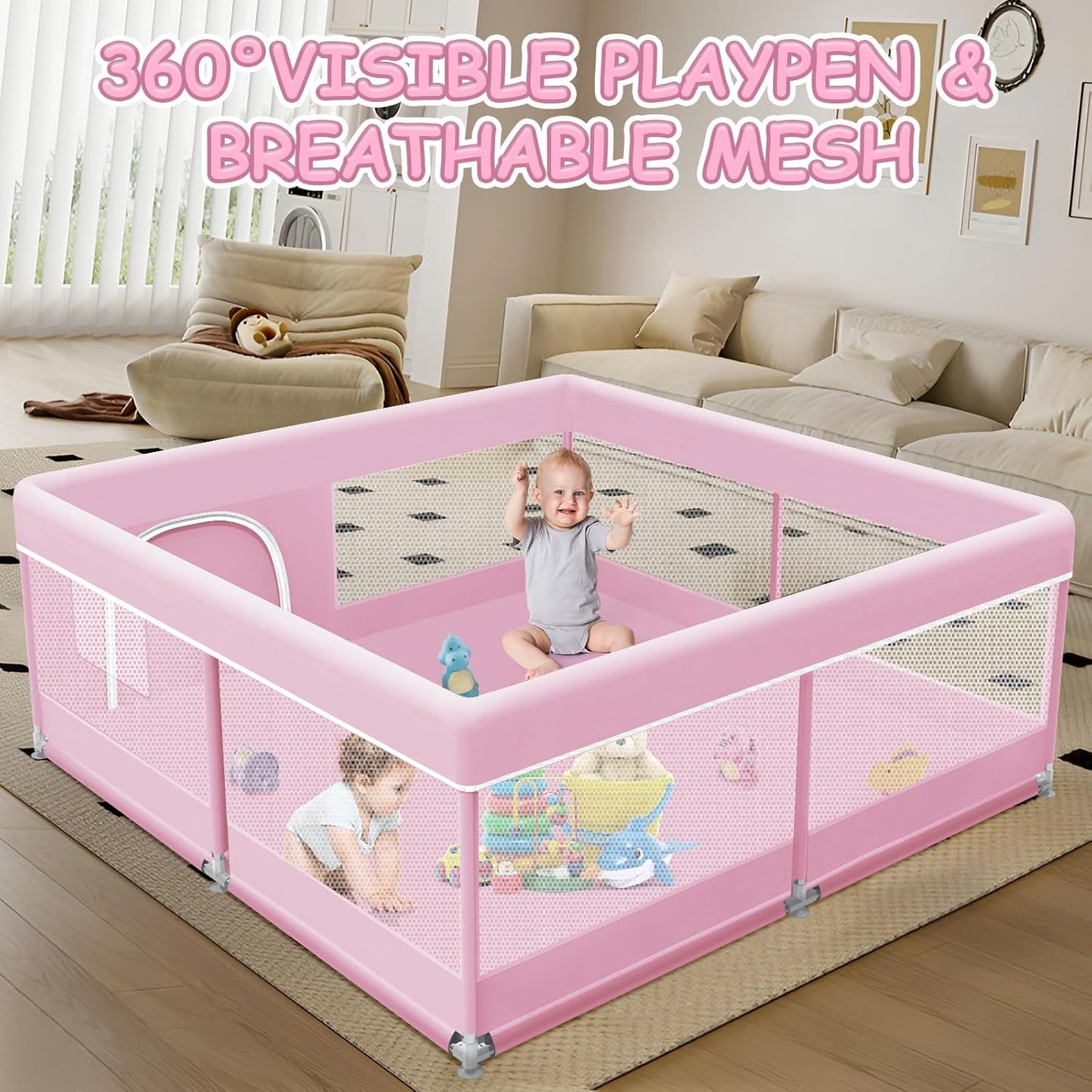 XVISHX Baby Playpen 50 x 50 Inch Play Pen Playards, Playpen for Babies and Toddlers, Baby Playard for Indoor & Outdoor Active Center Game Fence, with Skin-Friendly Fabric and Soft Breathable Mesh Grey