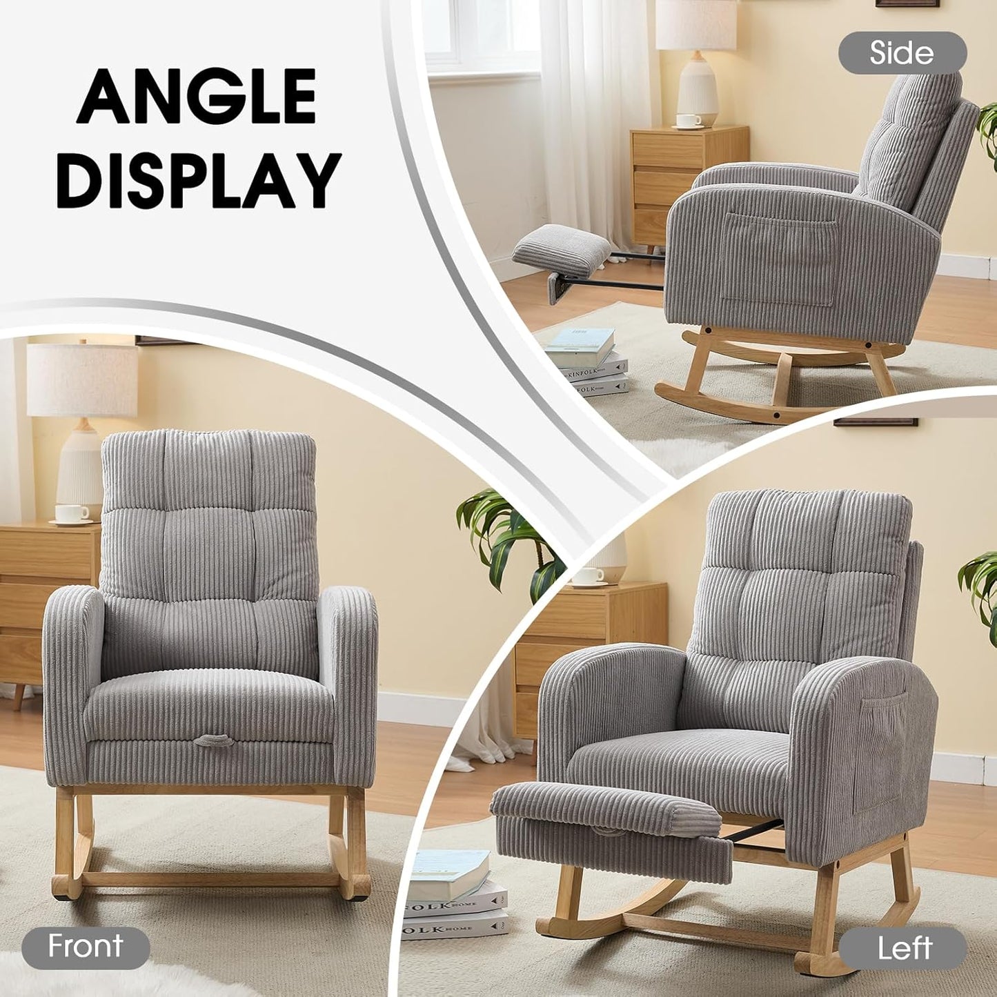 NIOIIKIT Nursery Rocking Chair, Corduroy Upholstered Rocking Chair with Adjustable Footrest, Tufted Rocker Chair with Side Pocket, Glider Rocker for Living Room, Bedroom (Cream Retro)