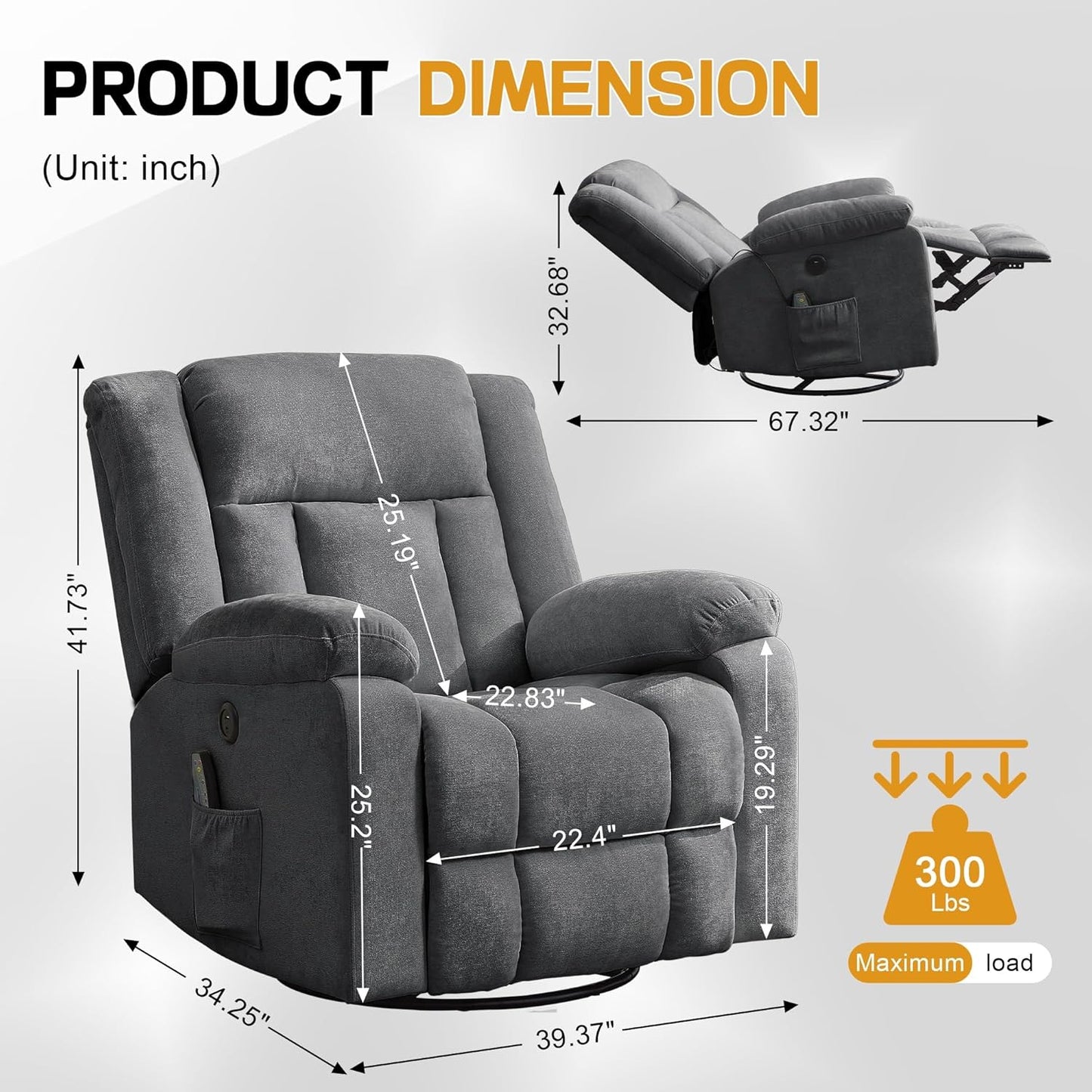 Korser Rocker Recliner, Glider Recliner Chairs for Adults, 360° Swivel Rocking Chair with Massage and Heating, Nursery Chair with Storage and USB Charging for Living Room, Bedroom, Nursery