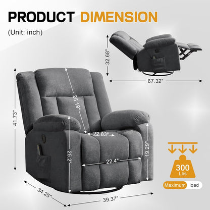 Korser Rocker Recliner, Glider Recliner Chairs for Adults, 360° Swivel Rocking Chair with Massage and Heating, Nursery Chair with Storage and USB Charging for Living Room, Bedroom, Nursery