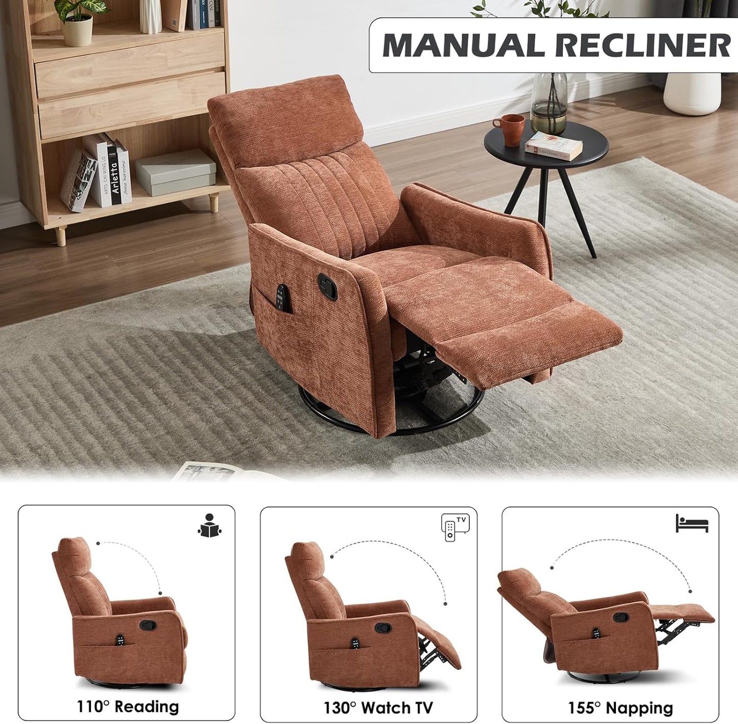 Trustyue Swivel Rocker Recliner Chair, 360° Swivel Recliner with Heat and Massage, Rocker Recliner Nursery Glider Chair with Side Pockets for Living Room (Beige, Fabric)