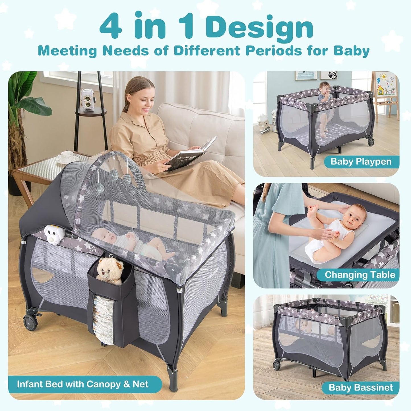 HONEY JOY Pack and Play with Bassinet, 4-in-1 Portable Baby Playard with Changing Table, Net & Cute Toys, Diaper Storage Bag, Music Box, Wheels with Brake, Foldable Newborn Play Yard w/Carry Bag