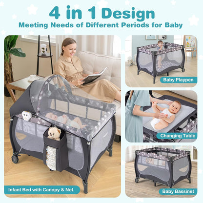 HONEY JOY Pack and Play with Bassinet, 4-in-1 Portable Baby Playard with Changing Table, Net & Cute Toys, Diaper Storage Bag, Music Box, Wheels with Brake, Foldable Newborn Play Yard w/Carry Bag