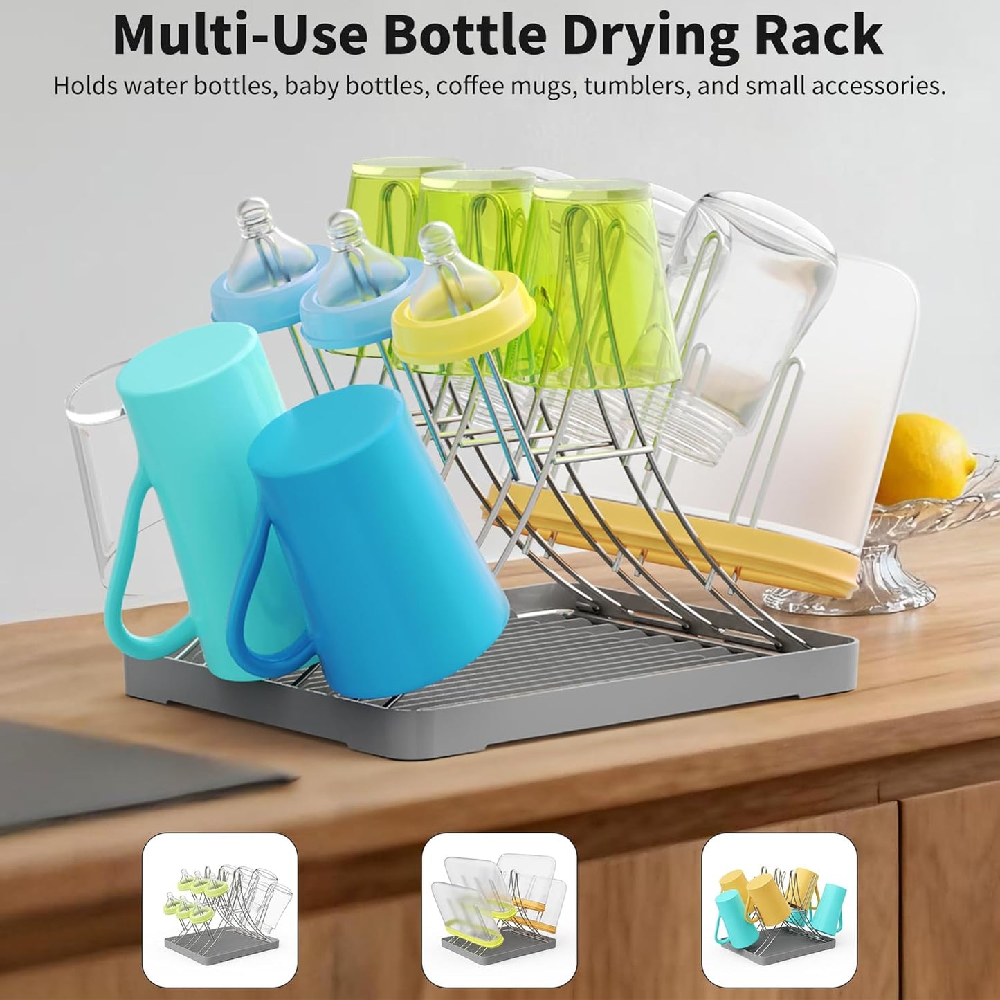 Baby Bottle Drying Rack, Space Saving Bottle Drying Tree Rack with Drainboard for Cups, Mugs and Glass, Sports Bottle, Holds Up to 15 Baby Bottles ，Foldable,Stainless Steel,