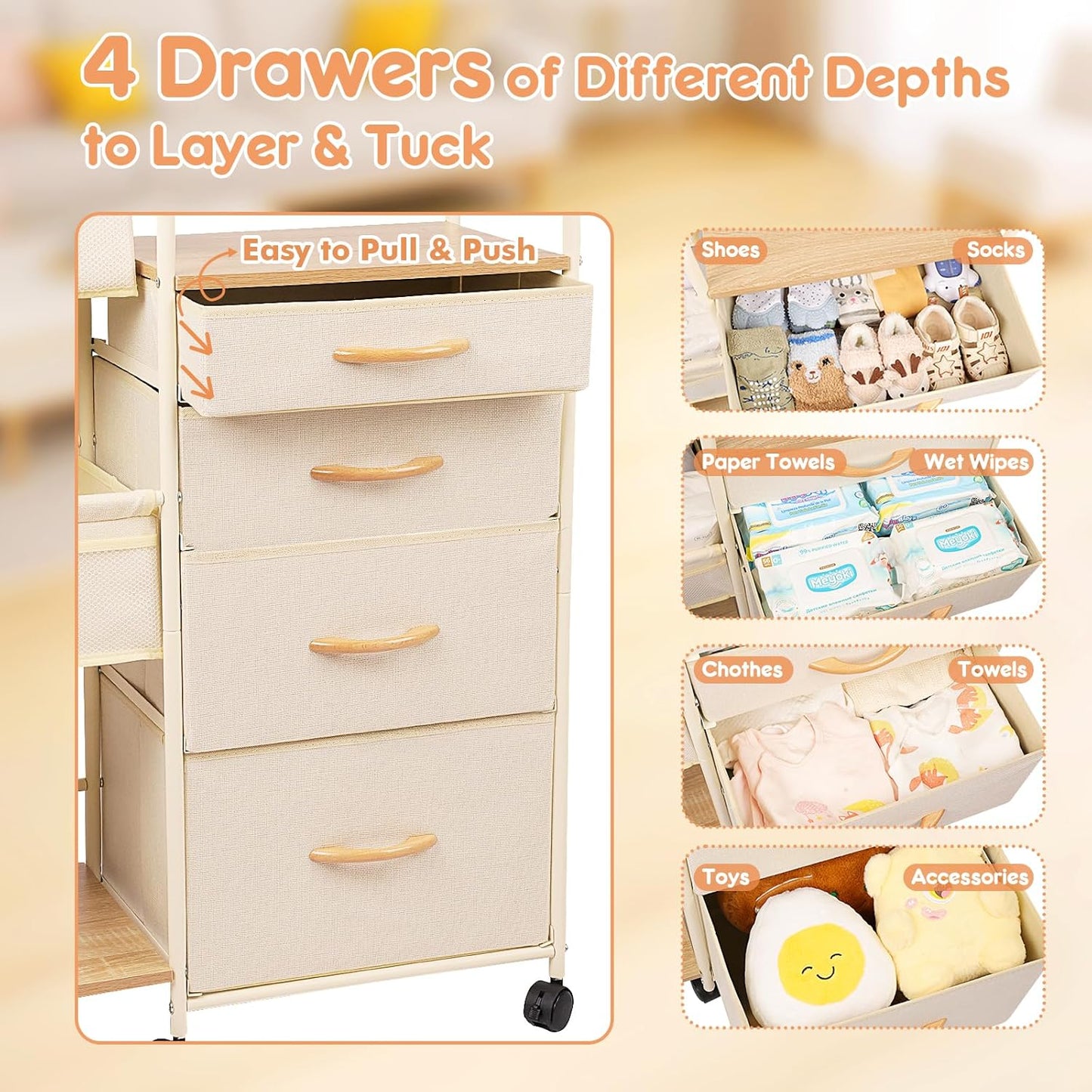Fabuday Baby Diaper Caddy Organizer Cart - 4 Tier Rolling Diaper Cart with Wheels, Baby Essentials Organizers and Storage, Mobile Utility Carts for Bedside, Bedroom, Crib Nursury, Changing Table
