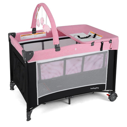 BABY JOY 3 in 1 Pack and Play, Travel Baby Crib Bassinet Bed with Bassinet, Changing Table with Safety Belt, Toy Bar, Lockable Wheels, Portable Baby Playard from Newborn to Toddler