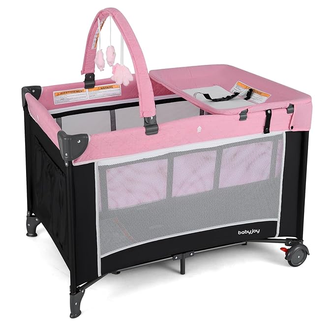 BABY JOY 3 in 1 Pink Pack and Play, Travel Baby Crib Bassinet Bed with Bassinet for Girl, Changing Table w/Safety Belt, Toy Bar, Lockable Wheels, Portable Baby Playard from Newborn to Toddler