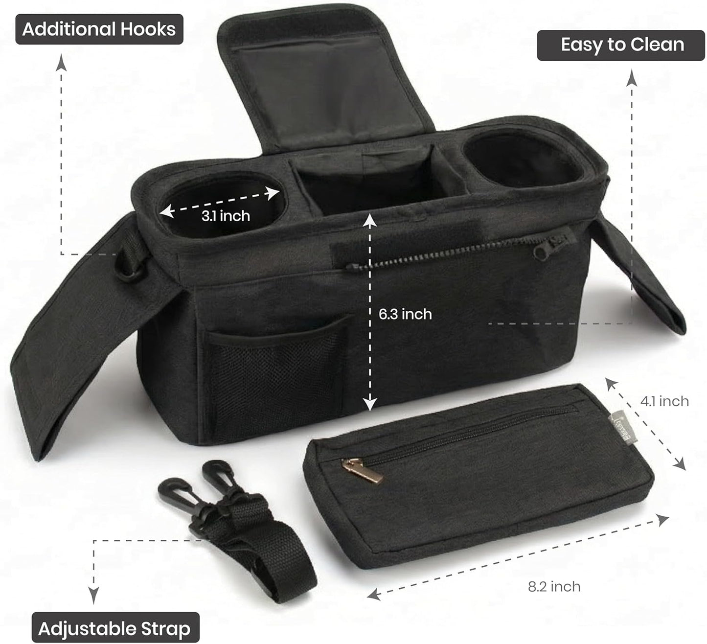 Universal Stroller Organizer, Grey - 2 Insulated Cup Holders - Non-Slip Stroller Caddy Bag - Detachable Phone Pouch - Fits Uppababy, Nuna - New Mom Essentials