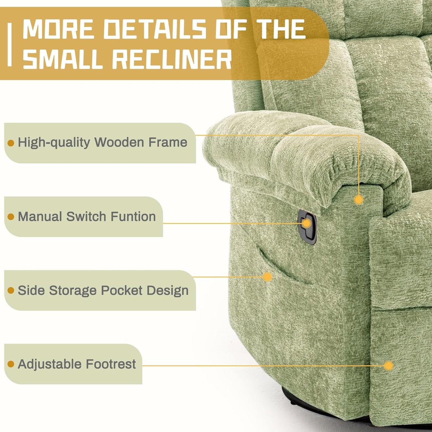 Korser Recliner Chair, Swivel Rocker Recliner Chair for Adults, Small Recliners for Small Spaces, Upholstered Manual Recliner with Side Pockets, Nursery Rocking Chair for Living Room, Chenille, Beige