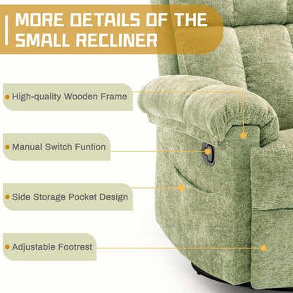 Korser Recliner Chair, Swivel Rocker Recliner Chair for Adults, Small Recliners for Small Spaces, Upholstered Manual Recliner with Side Pockets, Nursery Rocking Chair for Living Room, Chenille, Beige