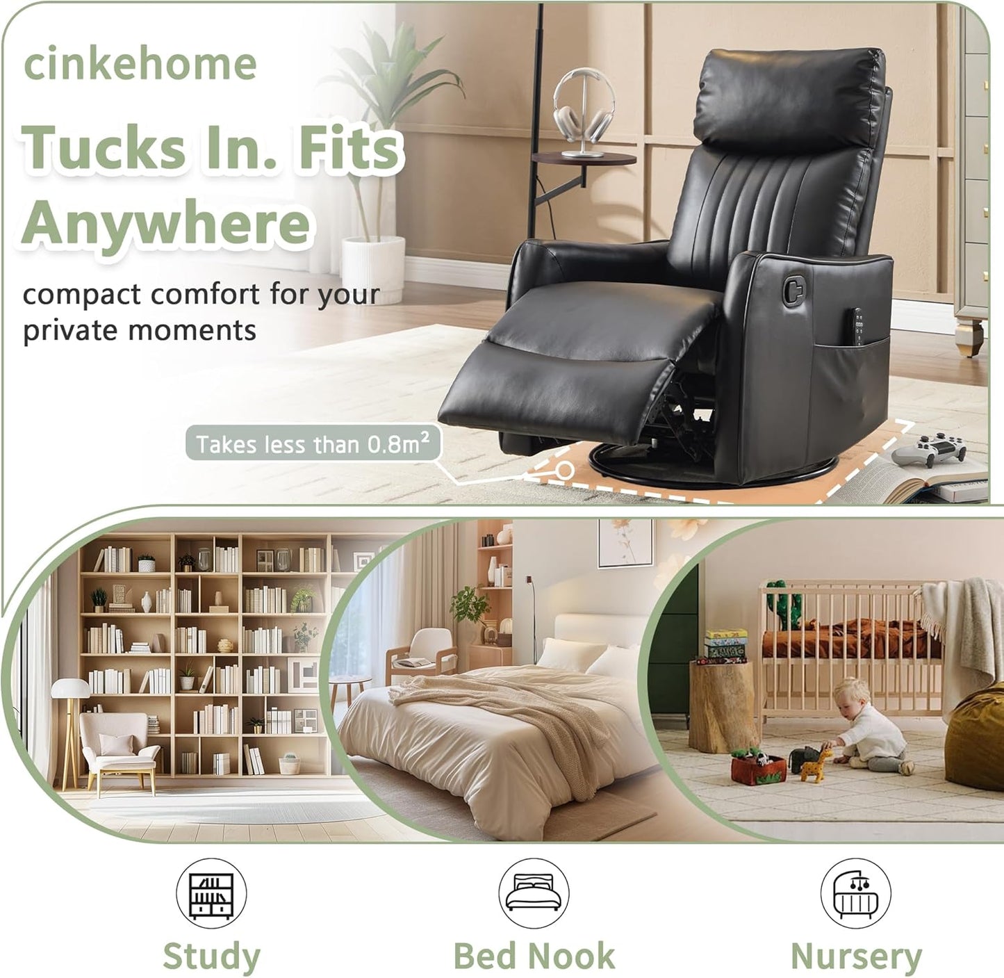 cinkehome Swivel Rocker Recliner, Glider Rocker Recliner Chair for Nursery, Manual Reclining Chair with Heated Massage, Small Spaces, Living Room, Khaki Chenille