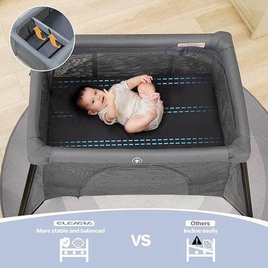 ELEMARA 2 in 1 Baby Travel Crib Easy-Set Up,Portable Crib with Comfortable Mattress and Lightweight-Foldable Crib with Long-Lasting Playard, Indoor & Outdoor Playpen, Pack and Play for Toddler