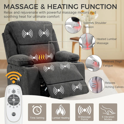Recliner Chair Power Control, Nursery Reclining & Rocking Chair and Glider, Massage Swivel Living Room Furniture for Small Spaces, Bedroom, RVS, Lounge Sofa Chairs with USB & Type C Ports, Light Gray