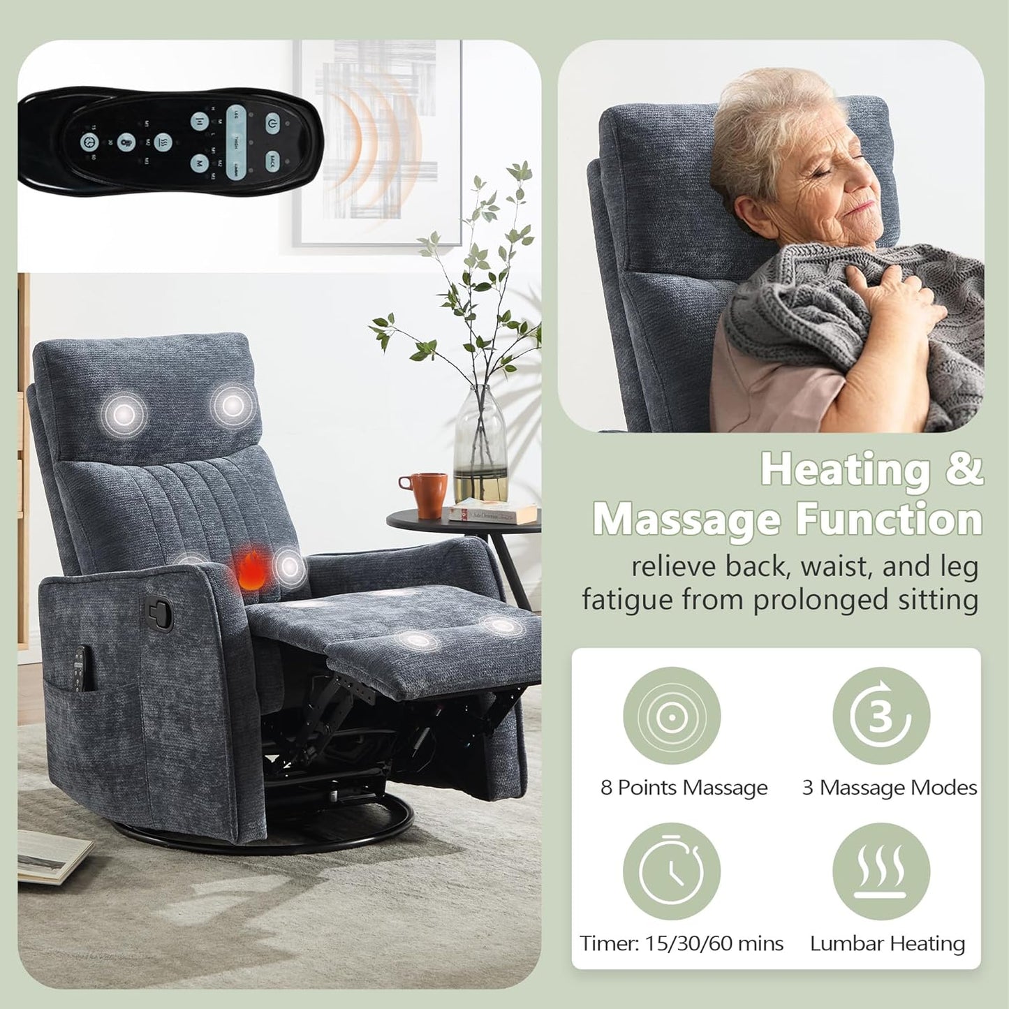 cinkehome Swivel Rocker Recliner, Glider Rocker Recliner Chair for Nursery, Manual Reclining Chair with Heated Massage, Small Spaces, Living Room, Khaki Chenille