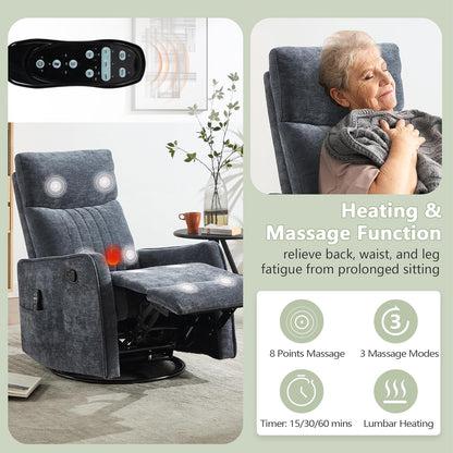cinkehome Swivel Rocker Recliner, Glider Rocker Recliner Chair for Nursery, Manual Reclining Chair with Heated Massage, Small Spaces, Living Room, Khaki Chenille
