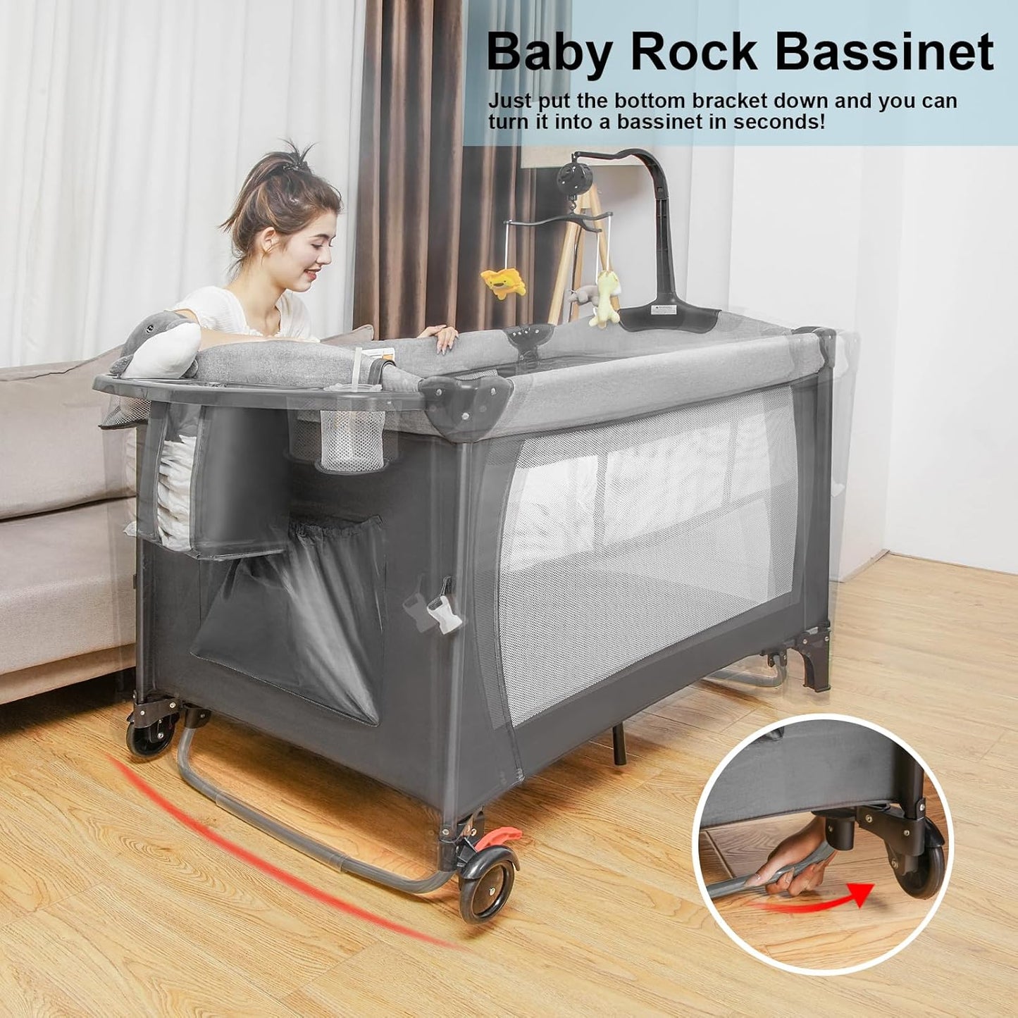 5-in-1 Pack and Play, Baby Bassinet Bedside Sleeper with U-Shaped Diaper Changer, Portable Toddler Playard for Newborn Toddlers, Baby Crib with 4 Adjustable Height, Carry Bag,Easy to Install (Grey)