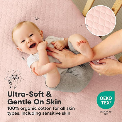 2-Pack Waterproof Crib Mattress Protector Cover Fitted - Quiet Baby Crib Mattress Pad Sheets, 52" x 28" Soft Quilted Cotton Baby Sheet, Machine Washable, Easy Fit, Durable (Mist Rose/Mavy)