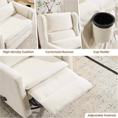 Power Recliner Chair Swivel Glider with Adjustable Headrest，Oversized Swivel Rocker Recliner with Lumbar Support, Upholstered Nursery Glider Recliner for Living Room,White