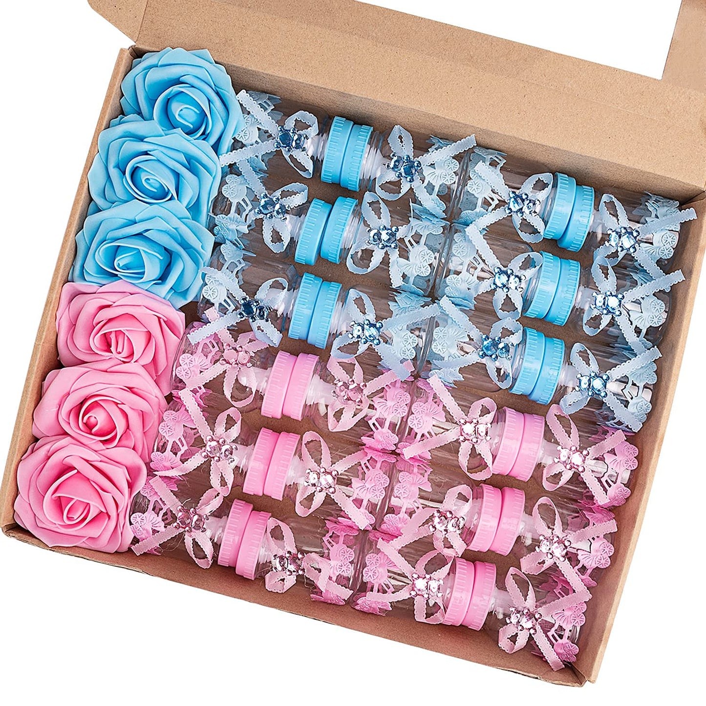 MACTING 2 Dozens 3.5 Inch Feeding Bottle Candy Box with 5 Pcs Artificial Flower Rose for Baby Shower Favor Gift Decoration (Pink)