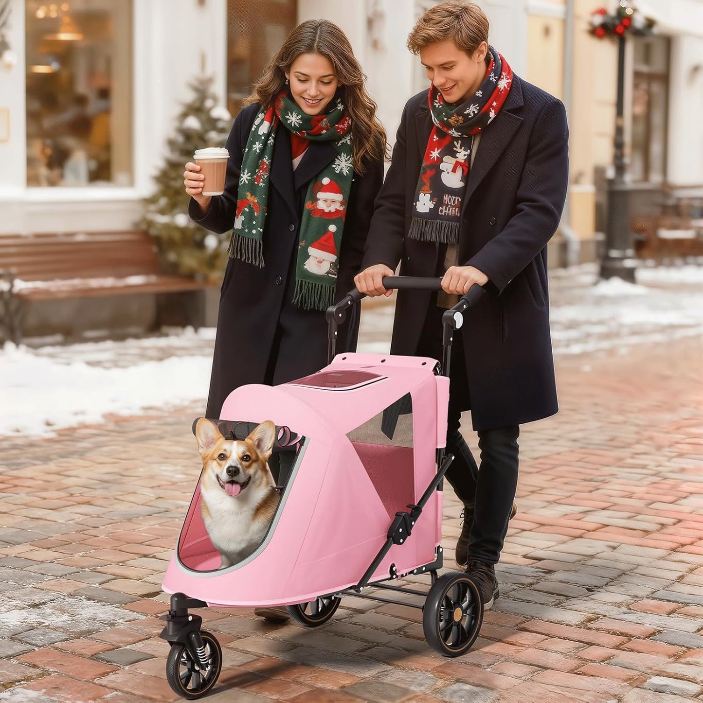 Magshion Compact Pet Stroller for Small-Medium Dogs/Cats up to 22lbs, 4-Wheel Lightweight Umbrella Shaped Portable Puppy Travel Jogger with Breathable Mesh, Cup Holder & Rear Storage, Black
