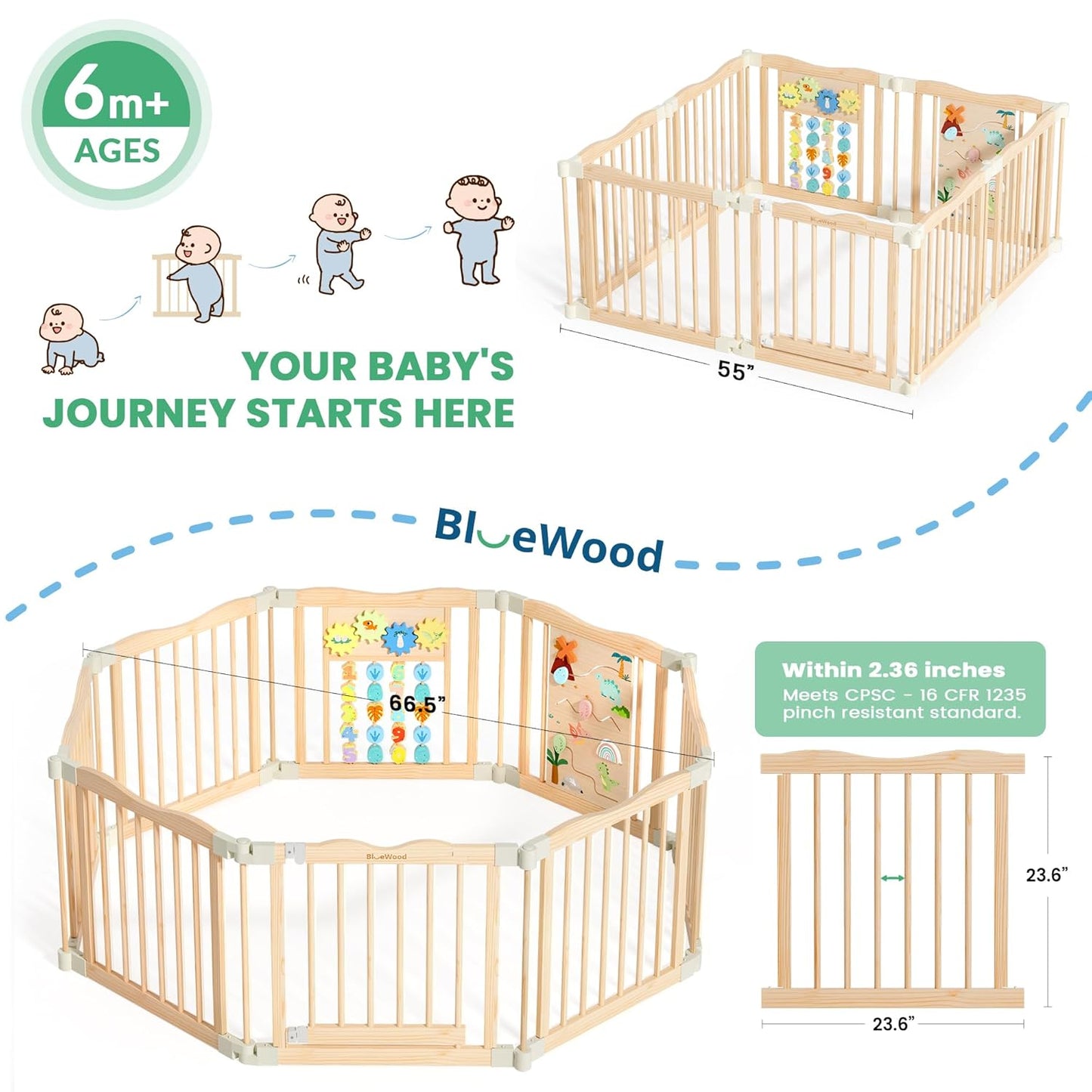 Foldable Wooden Playpen - Adjustable Wood Baby Play Yard with Child-Proof Lock, Indoor Large Safety Fence for Babies and Toddlers - Easy Assembly, 55 x 55 x 24 inches, Dino Land, Colorful