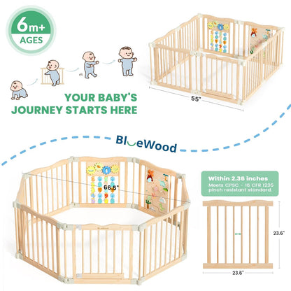 Foldable Wooden Playpen - Adjustable Wood Baby Play Yard with Child-Proof Lock, Indoor Large Safety Fence for Babies and Toddlers - Easy Assembly, 55 x 55 x 24 inches, Dino Land, Colorful