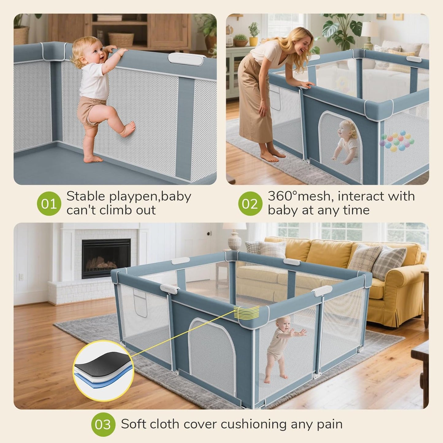 Foldable Baby Playpen - 71"×59" Collapsible Play Pen for Babies and Toddlers - Indoor Outdoor Foldable Play Yard with 4 Handles - Folding Baby Playpen with Bag Portable Travel Play Yard