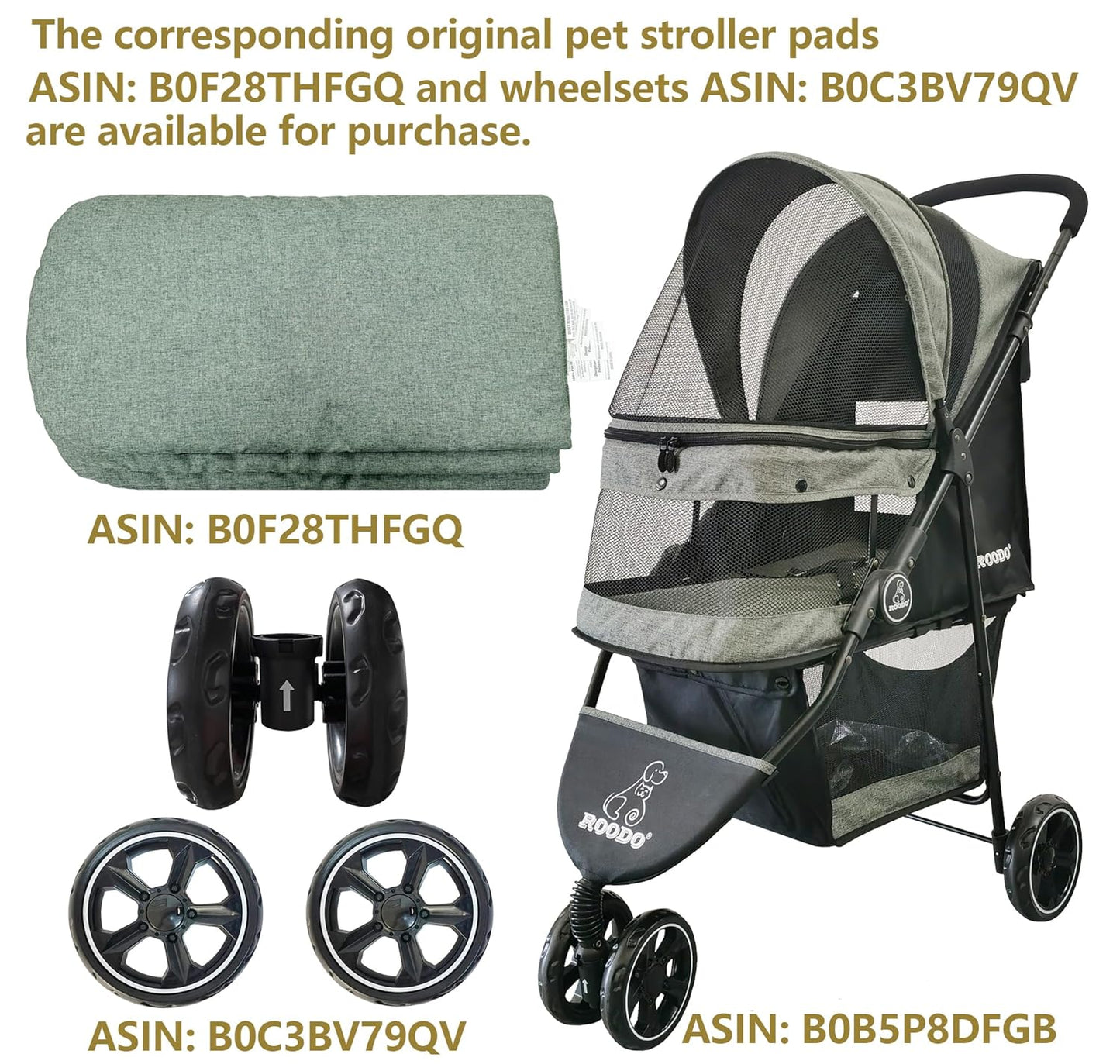 ROODO 3 Wheel Dog Pet Cat Stroller Best Lightweight Foldable Compact Portable Jogger All Terrain Travel Pet Gear Puppy Kitty Stroller for up to 30lbs Medium Small Dogs and Cats(Light Khaki)
