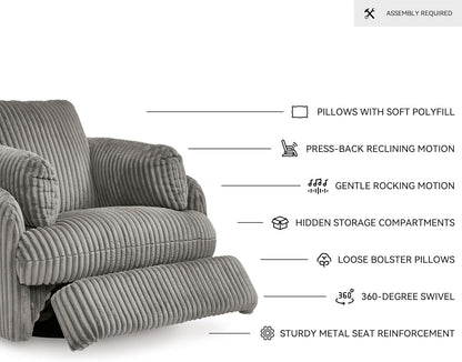 Signature Design by Ashley Tie-Breaker Cozy Contemporary Manual Press-Back Swivel Glider Rocker Recliner with 2 Bolster Pillows and Hidden Storage, White
