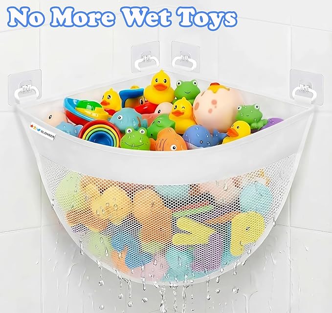 Bath Toy Storage Organizer for Bathtub – Large Mesh Bath Toy Holder & Bath Toy Net, Corner Bathtub Toy Storage Bag with 6 Strong Adhesive Hooks, Quick-Dry Bathroom Toy Holder for Tub & Kids Shower
