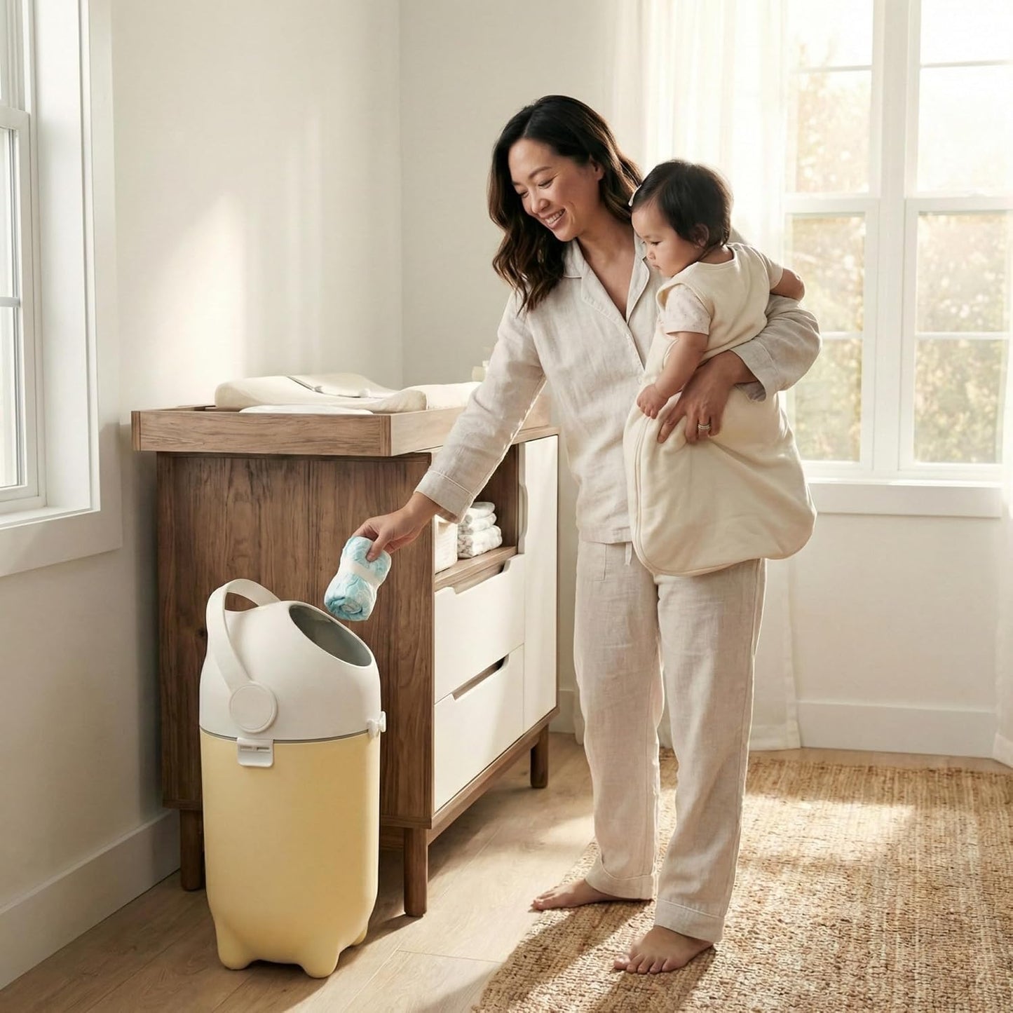 iTouchless Odor-Locking Diaper Pail - 2026 Award-Winning Ag+ Silver Ion Nursery Bin - Fits Any Bag, No Refills Needed - Includes 20 Leak-Proof Bags (Hold 300 Diapers) - Boho White Baby Registry Gift