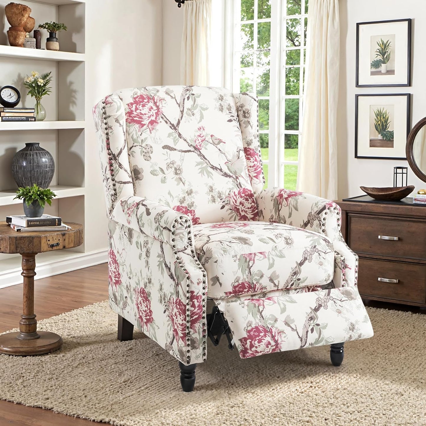 Swivel Rocker Recliner Chair, Manual Nursery Glider Recliner, Floral Fabric Wingback Accent Chair with Adjustable Backrest & Footrest for Small Spaces Living Room Bedroom (Plants Floral, Set of 1)