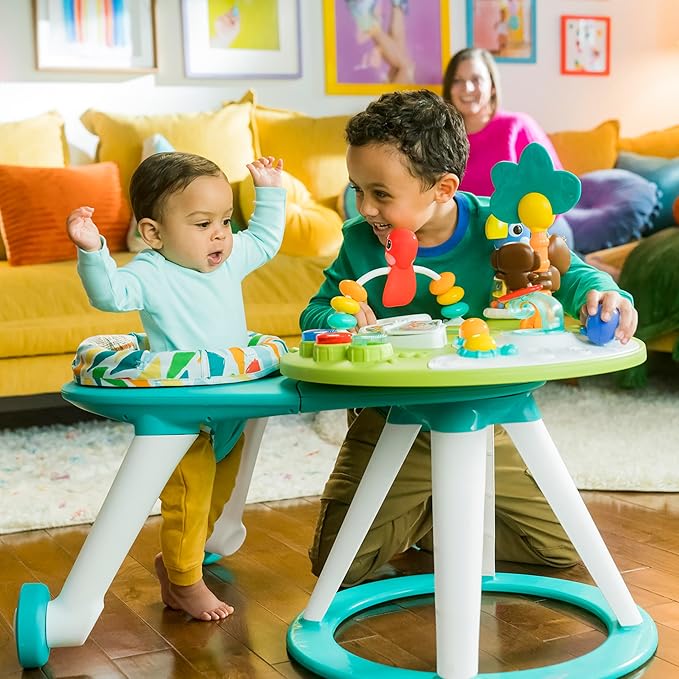 Bright Starts Around We Go 2-in-1 Baby Walker, Discovery Activity Center and Table, Tropic Cool, Ages 6 Months+