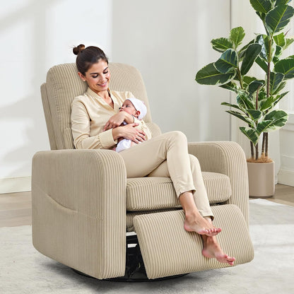 Swivel Rocker Recliner, Oversized Boucle Glider Recliner Nursery, Manual Swivel Rocking Reclining Chairs with Removable Cushion and Lumbar Support for Nursery Living Room Bedroom, Teddy White