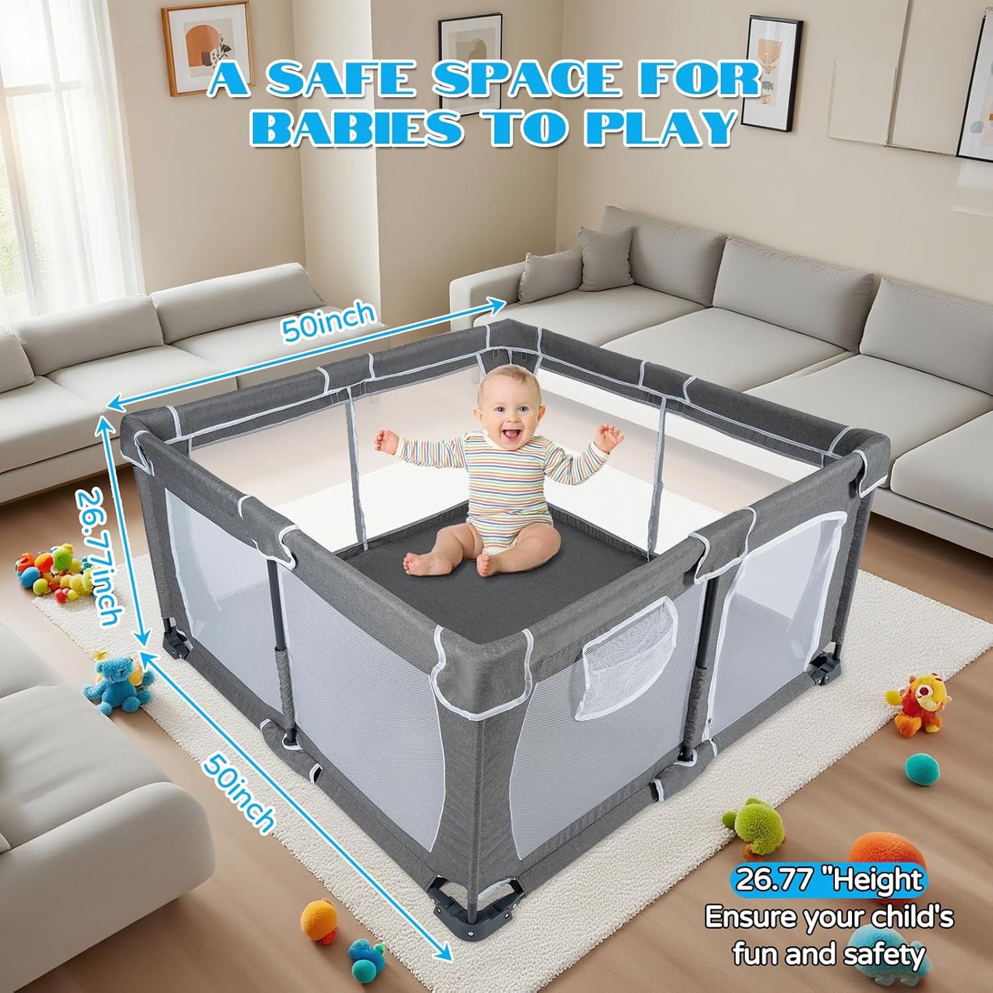 Foldable Baby Playpen,PlayPens for Babies and Toddlers，Indoor Outdoor Safety Play Area, Portable Child Activity Large Collapsible Play Yard，Folding Fence (Cationic Fabric-Grey, 50"x50")