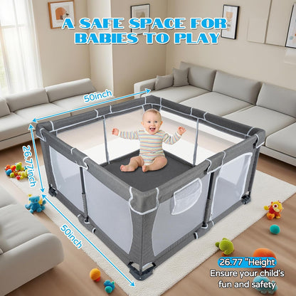 Foldable Baby Playpen,PlayPens for Babies and Toddlers，Indoor Outdoor Safety Play Area, Portable Child Activity Large Collapsible Play Yard，Folding Fence (Cationic Fabric-Grey, 50"x50")