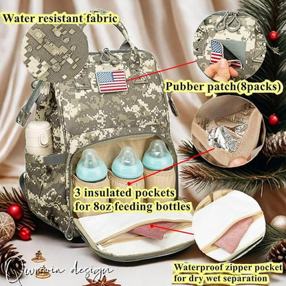 Diaper Bag Backpack for Dad and Mom with USB Charging Port Stroller Straps and Insulated Pocket,army military Travel Nappy Backpack for Daddy/Mommy (Camo)