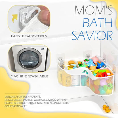 Austion 3-Compartment Corner Bath Toy Storage Organizer for Tub - Wide-Opening Mesh Kids Bath Toy Holder with Easy Sorting & Storage, Quick-Drying Machine-Washable Bathroom Organizer for Tidy Bathtub