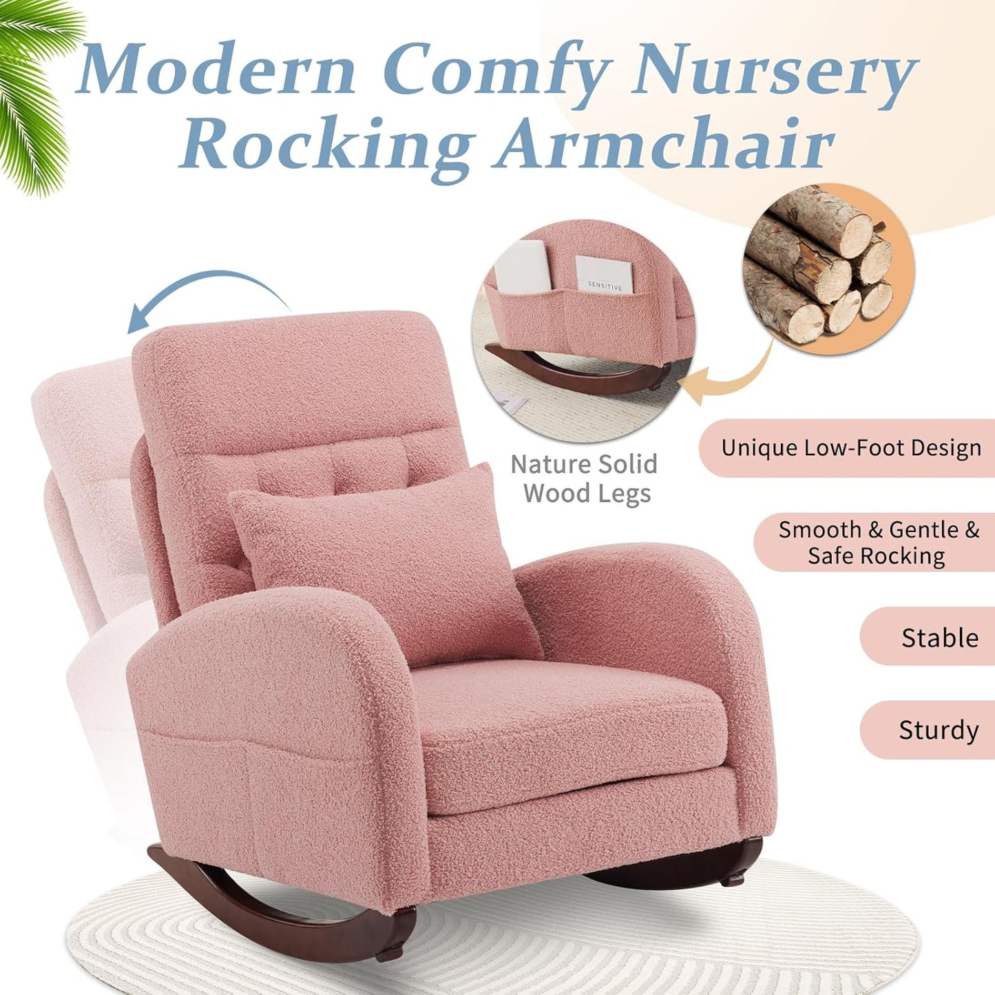 VINGLI Teddy Fleece Low Seat Rocking Chair,Boucle Upholstered Nursery Glider Chair with Side Pockets,Accent Arm Chair with High Backrest,Comfy Head Rest,Solid Wood,For Living Room Bedroom Balcony,Pink