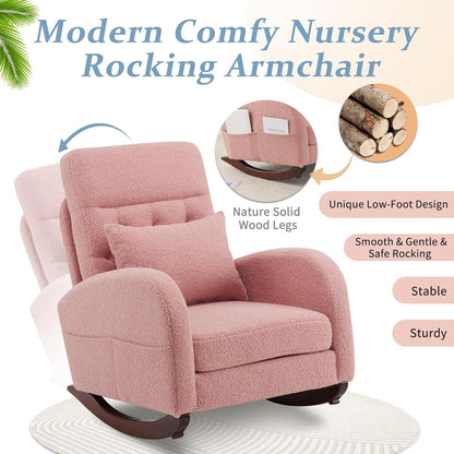 VINGLI Teddy Fleece Low Seat Rocking Chair,Boucle Upholstered Nursery Glider Chair with Side Pockets,Accent Arm Chair with High Backrest,Comfy Head Rest,Solid Wood,For Living Room Bedroom Balcony,Pink